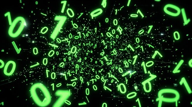 3D Glowing Green Binary Digits Floating and Flying Through Dark Cyberspace Void