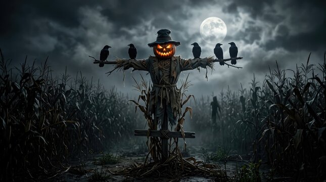 Spooky halloween scarecrow with jack-o-lantern head in a cornfield at night
