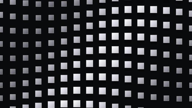 Abstract background with a grid of glowing silver squares arranged in a subtle wave pattern on a deep black surface