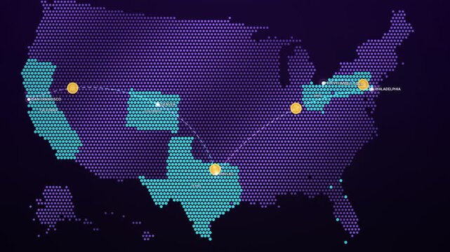 Futuristic United States Network Map with Multiple Routes and Markers
