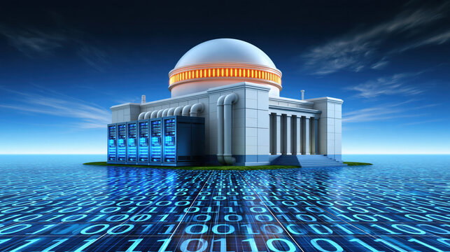 Futuristic data center building with blue server rack and digital binary floor in ocean scene