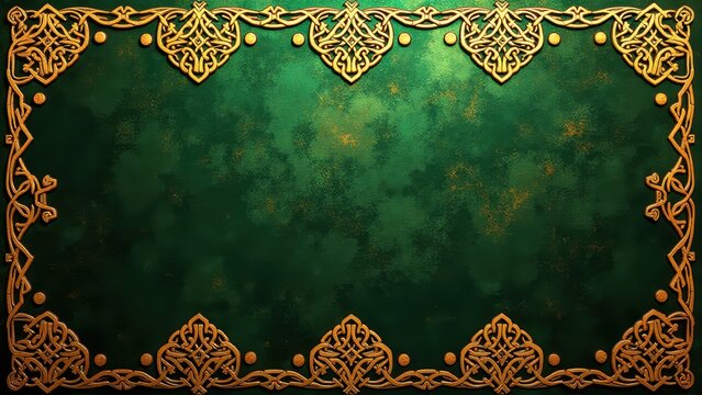 Celtic interlace metallic foil pattern shimmering gold green, luxury texture reflective aesthetic beautiful trendy elegant