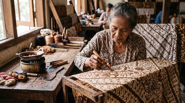 Senior Indonesian woman artisan applying hot wax with canting tool on fabric to create traditional batik pattern in workshop, close up photo.