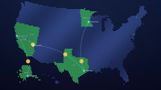Colorful Digital United States Map with Highlighted Regions and Routes