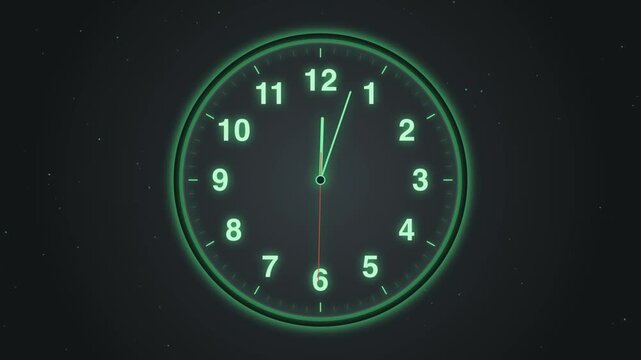 Minimalist Glowing Green Analog Clock Face Counting Seconds Against Dark Particle Background Motion