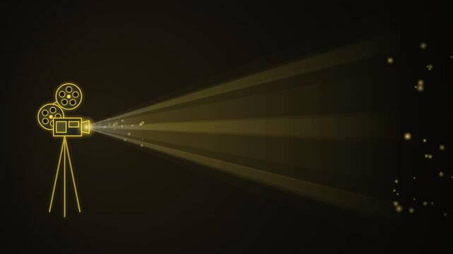 Retro Cinematic Film Camera Projector Icon Animation with Glowing Golden Particles on Black Backgrou