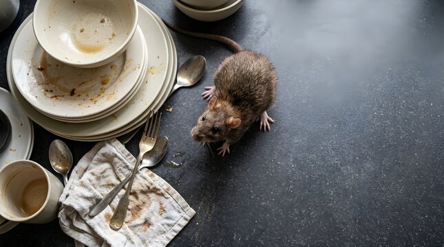 Small brown rodent scavenging among dirty kitchen dishes and utensils on a dark countertop surface representing home hygiene and pest control