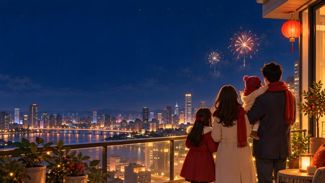 The Whole Family Watches Fireworks on the Balcony on Chinese New Year's Eve