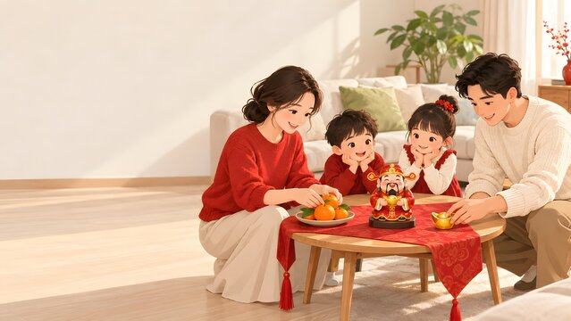 A family of four sets up God of Wealth ornaments for the Spring Festival to pray for blessings and wealth