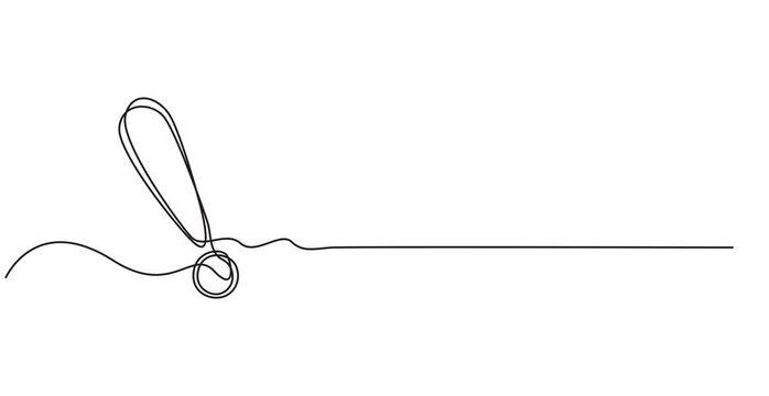 Continuous one line drawing animation of exclamation mark, minimalist warning and alert punctuation symbol, self-drawing black and white line art video for attention, notification, and info , 4K