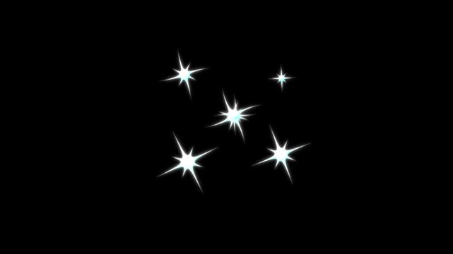 4K twinkle sparkling stars shine animation, black screen, vector doodles style stars blinking effects, alpha channel, glowing stars sparkle, transparent background overlay video