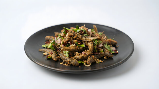 Herbal and spicy fried tadpoles from Thailand or mok huak served on black basic plate against a solid white background