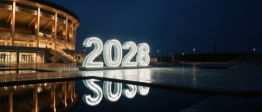Illuminated 2028 numbers reflected in pool outside football stadium