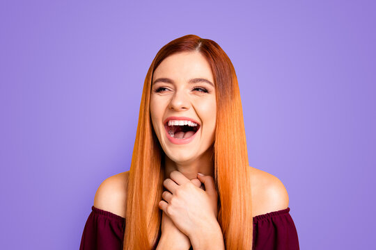 I can't stop laughing! You look so funny! Close up photo portrait of attractive fancy funny funky pretty with long straight hair glad nice lady isolated on vivid bright shinny colorful background