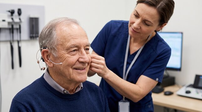Senior man undergoing hearing test in medical clinic with professional assistance