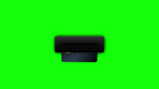 Black credit card inserting into digital reader on green screen for secure electronic payment transaction