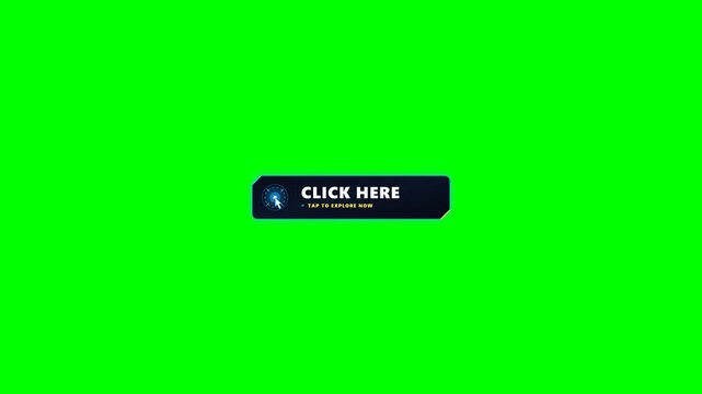 Click here animated call to action overlay with modern chamfered button on clean green screen. Features kinetic target click tap, expanding ripples, and bold typography for video creators.