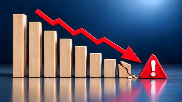 Red downward arrow breaking wooden block chart symbolizing economic crisis and financial crash warning