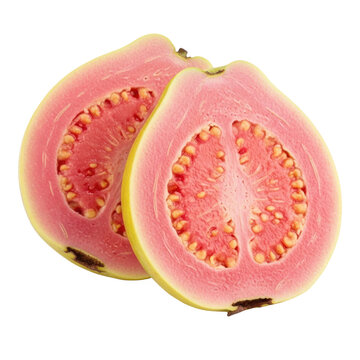 Pink guava halves, cut lengthwise, revealing vibrant pink flesh and yellow seeds, isolated on transparent background