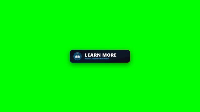 Learn more animated call to action overlay with open book badge on clean green screen. Features kinetic page flip animation, bold typography, and seamless loop for video creators.
