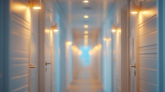 Student housing corridor with modern interiors and private accommodation rooms.