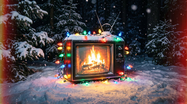 Vintage 1980s CRT television glowing with fireplace screen in a snowy forest wrapped in Christmas lights