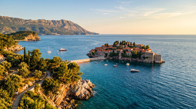 iconic islet of Sveti Stefan in Montenegro connected by tombolo beach