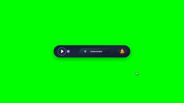 Subscribe button bell icon animation featuring modern call to action overlay on clean green screen. Includes dynamic cursor click, ringing bell waves, and smooth subscribed transition in 8s loop.