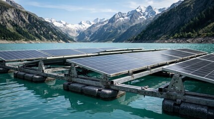 Naklejka premium A close up view of floating solar panels on a serene turquoise lake set against majestic snow capped mountains, showcasing renewable energy sources in a pristine alpine landscape