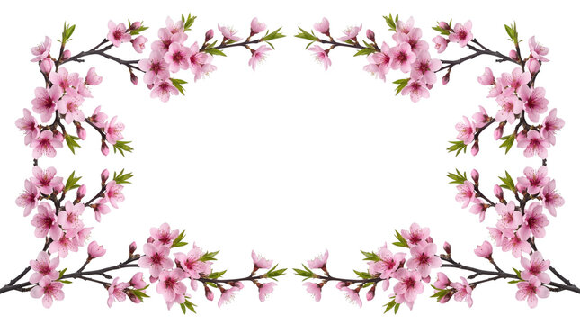 Pink cherry blossom frame isolated on white background, floral spring sakura border, blooming branch flower copy space for greeting card design