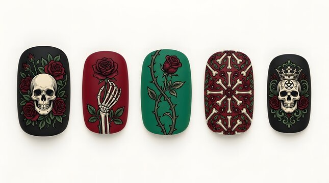 Set of five halloween press on nails with skull rose and skeleton