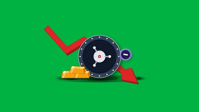 3D layered corporate finance motion graphics with chroma key green background featuring bank vault door, crashing trend arrow, gold bullion bars, and deficit badge. Seamless 8s loop.