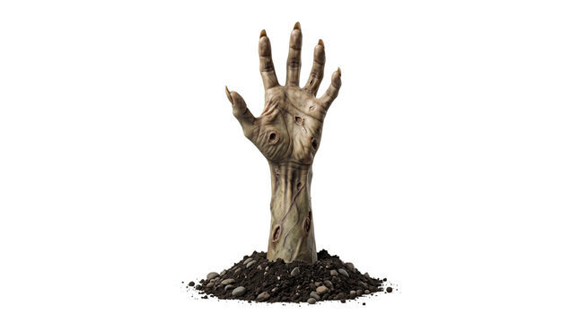Creepy Zombie Hand Emerging from Ground Soil Mound Halloween Horror Undead Monster Isolated Element Cutout