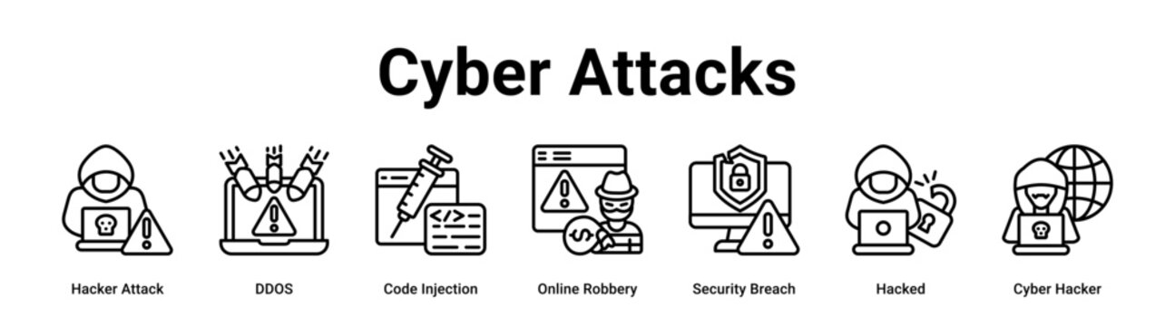 Cyber Attacks web banner icon vector illustration concept for technology with icon of Hacker Attack, DDOS, Code Injection, Online Robbery, Security Breach, Hacked.