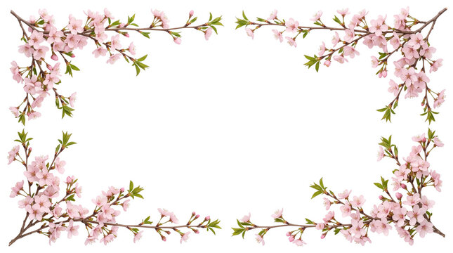 Pink cherry blossom frame isolated on white background, blooming sakura branches rectangular border for wedding invitations and spring design