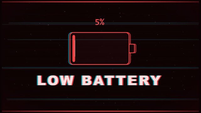 Glitch Low Battery Animation with 5 Percent Charge Warning Red Neon Style