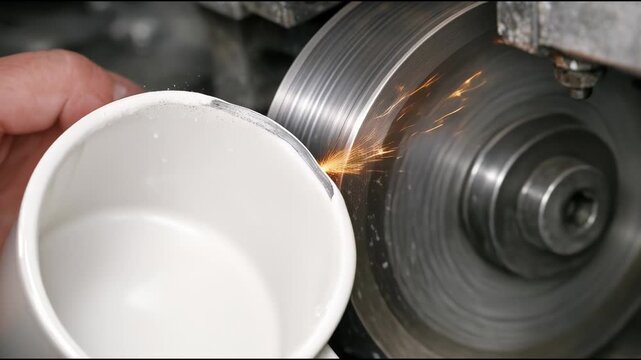 A person uses a grinder to grind a cup