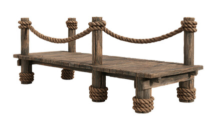 Naklejka premium Wooden plank pier with rope railing, lake dock