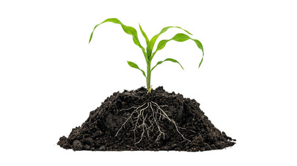 Young Corn Sprout Growing in Fertile Soil Mound with Visible Root System Isolated Element Cutout for Agriculture Design © MW Studio 