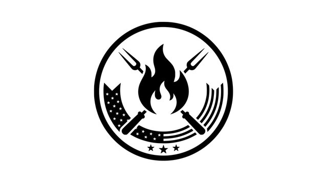 American grill bbq round badge emblem with fire flame and crossed utensils