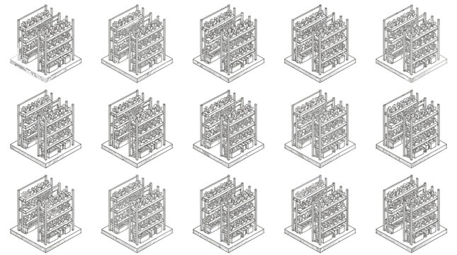 Rack farming isometric repeating pattern displaying multiple vertical agriculture shelving units for crops.