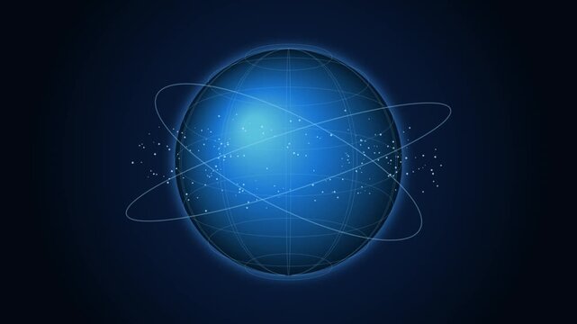 Rotating Digital Earth Globe Animation with Global Connectivity Particles on Dark Blue Background