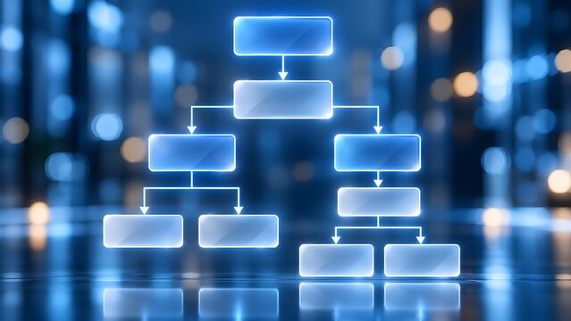 Corporate hierarchy organizational chart featuring futuristic glowing blue nodes for business management structure