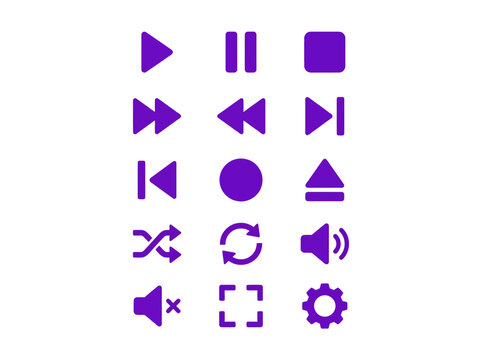 Purple Media Player Buttons and Audio Control Icons Vector Set
