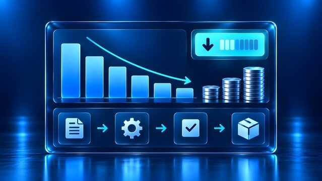 Digital business dashboard showing cost reduction metrics and optimized automated workflow processes