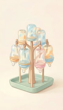 Bottle drying rack with baby bottles, sweet pastel nursery style