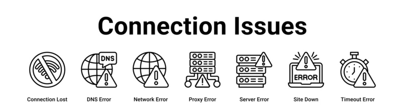Connection Issues web banner icon vector illustration concept for technology with icon of Connection Lost, DNS Error, Network Error, Proxy Error, Server Error, Site Down.