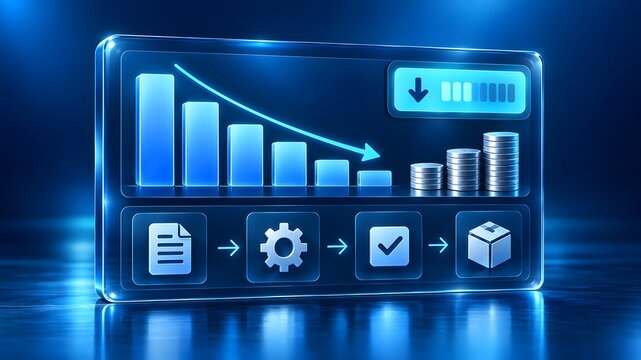 Glowing digital interface tracking workflow automation progress and financial cost reduction metrics