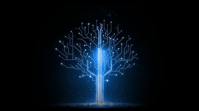 Glowing Digital Tree Made of Circuit Lines and Data Particles