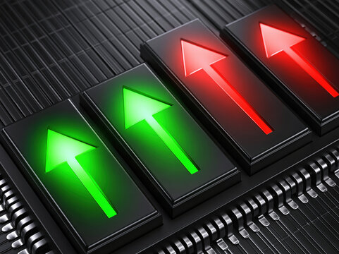 Green arrow red arrow upward arrow digital icon electronic button interface panel black background abstract background technology concept growth symbol increase indicator decrease indicator signal